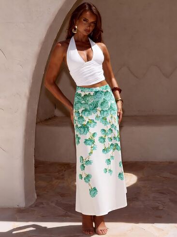 YUNDAI Women’s Floral Print Midi Skirt with Pocket High Waist Flowy A-Line Skirt Casual Summer Vacation Skirt for Daily Wear in Kuwait