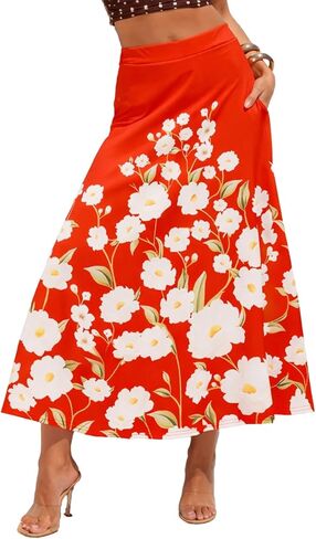 YUNDAI Women’s Floral Print Midi Skirt with Pocket High Waist Flowy A-Line Skirt Casual Summer Vacation Skirt for Daily Wear in Kuwait