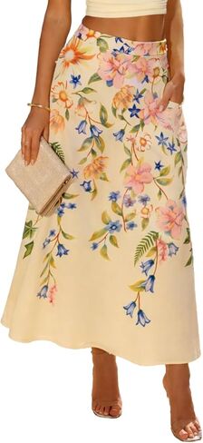 YUNDAI Women’s Floral Print Midi Skirt with Pocket High Waist Flowy A-Line Skirt Casual Summer Vacation Skirt for Daily Wear in Kuwait
