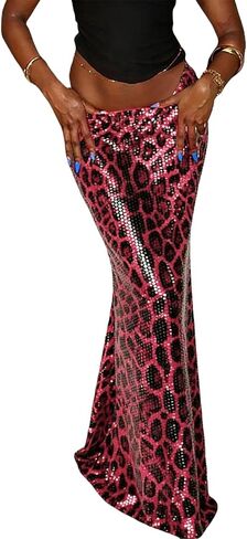 BOLLEY JOSS Women's Sequin Leopard Print Maxi Skirt Elastic Fishtail Long Skirt Cheetah Club Night Out Skirts Summer Skirts in Kuwait