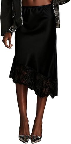 ABINGOO Women Satin Asymmetrical Midi Skirt Elastic High Waist Elegant Long Slip Skirts with Lace Trim in Saudi Arabia