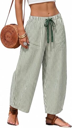 EsheSy Women's Casual Barrel Pants Summer Striped Drawstring Wide Leg Trousers Beach Lounge Capri Pants with Pockets in Saudi Arabia