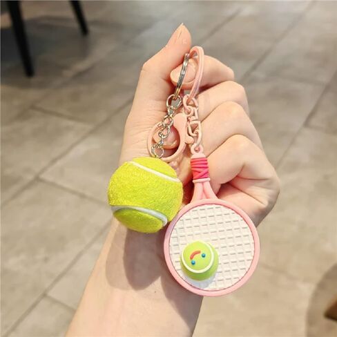 Funny Tennis Ball Sport Keychain Cute Pom Pom Keychain Imitation Tennis Racket Keyring for Backpack in Kuwait