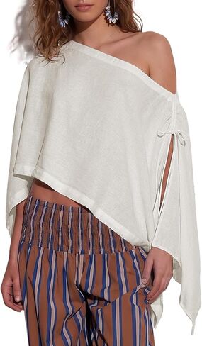Ainangua Womens Sheer Poncho Beach Tops Casual Split Sleeve Drawstring Cover Up Versatile Flowy Cape Shawl Vacation Outfits(White,M) in Saudi Arabia