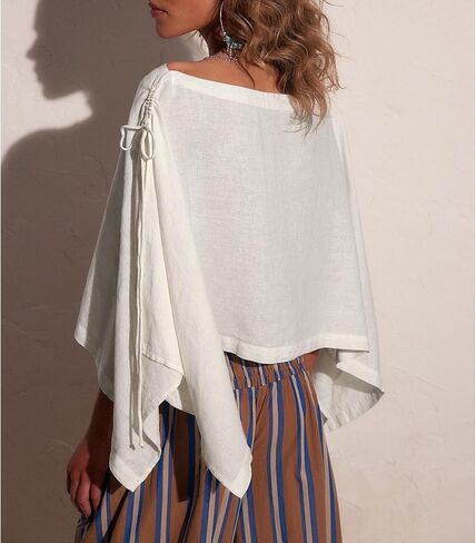 Ainangua Womens Sheer Poncho Beach Tops Casual Split Sleeve Drawstring Cover Up Versatile Flowy Cape Shawl Vacation Outfits(White,M) in Saudi Arabia