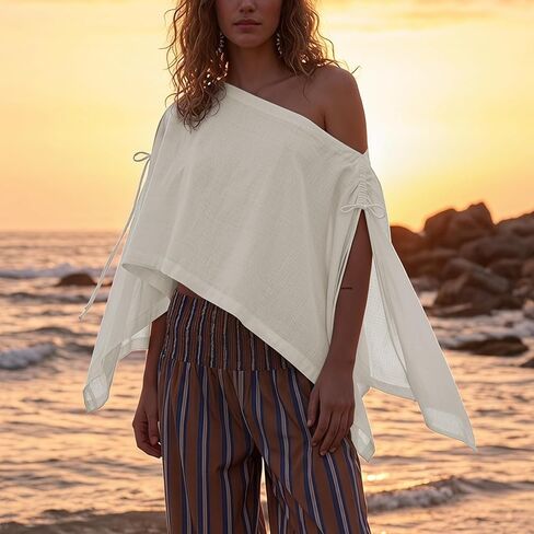 Ainangua Womens Sheer Poncho Beach Tops Casual Split Sleeve Drawstring Cover Up Versatile Flowy Cape Shawl Vacation Outfits(White,M) in Saudi Arabia