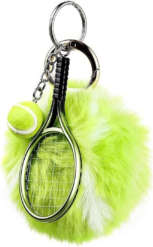 Funny Tennis Ball Sport Keychain Cute Pom Pom Keychain Imitation Tennis Racket Keyring for Backpack in Kuwait