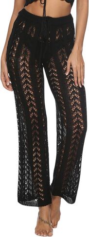 FEOYA Women Crochet Cover Up Pants Hollow Out High Waist Beach Pants Knit Swimsuit Coverup Pants in Saudi Arabia