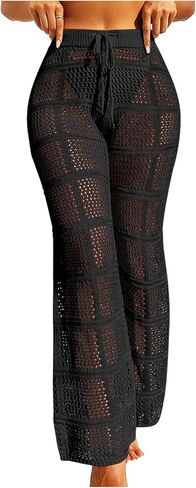 RoseSeek Women's Crochet Knit Beach Pants Elastic Drawstring Waisted Wide Leg Pants Swimsuit Cover Up in Kuwait