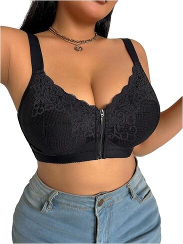SOLY HUX Women's Plus Size Front Zip Bra Wireless Lace Bras Underwear Strappy Everyday Bralettes in Kuwait