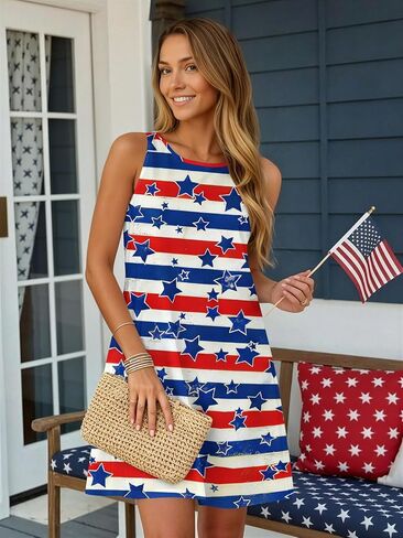 Womens 4th of July Dress Stars and Stripes Tank Dresses Independence Day Summer Tanks Sundress Red White and Blue M in Saudi Arabia