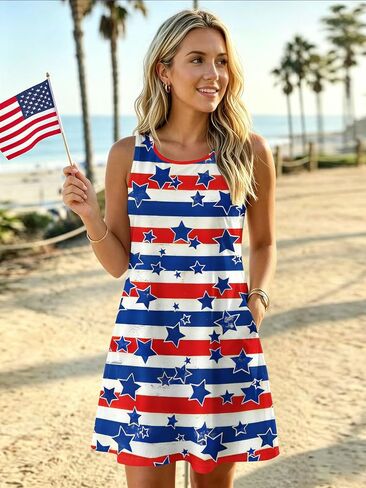 Womens 4th of July Dress Stars and Stripes Tank Dresses Independence Day Summer Tanks Sundress Red White and Blue M in Saudi Arabia