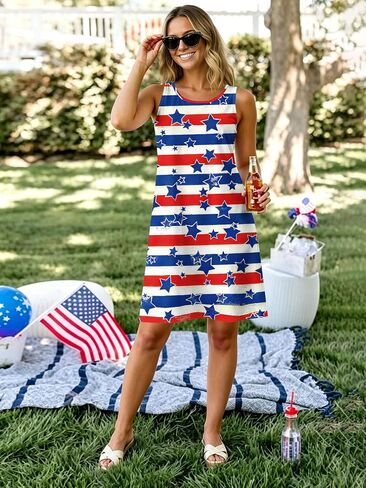 Womens 4th of July Dress Stars and Stripes Tank Dresses Independence Day Summer Tanks Sundress Red White and Blue M in Saudi Arabia