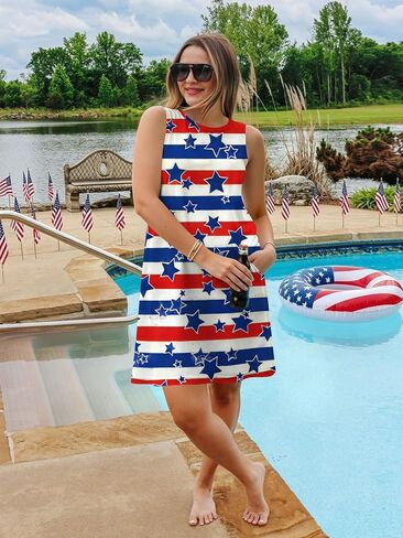 Womens 4th of July Dress Stars and Stripes Tank Dresses Independence Day Summer Tanks Sundress Red White and Blue M in Saudi Arabia