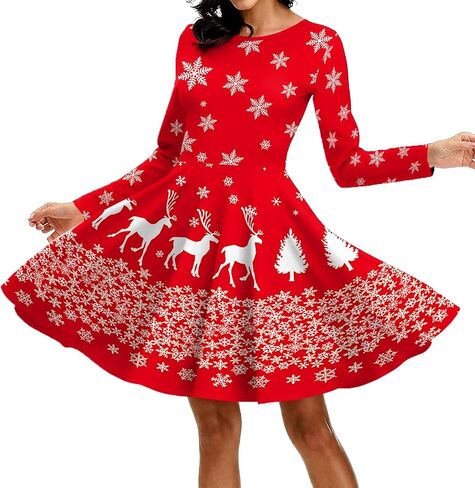 PECHAR Christmas Dresses for Women Casual Swing Christmas Dress Xmas Print Holiday Long Sleeve Dress in Saudi Arabia