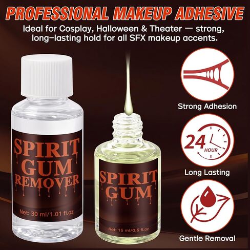 Spirit Gum Adhesive and Remover Kit, Wig Glue, Professional Cosmetic Glue for Face, Skin and Body, Strong Hold for Prosthetics, Bald Cap, Fake Beard, Cosplay, Halloween and Stage Performance in Saudi Arabia