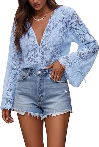Women's Sheer Lace Blouse Long Bell Sleeve Button Down Floral Tops Casual Boho Floral Embroidery Mesh Shirts in Saudi Arabia