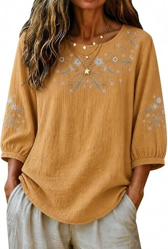 Embroidered Tops for Women - 2026 Summer Cotton Linen Shirts 3/4 Sleeve Crewneck Gauze Blouses Casual Beach Clothes in Kuwait