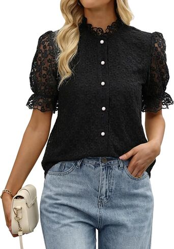 Womens Lace Tops Short Puff Sleeve Crew Neck Floral Embroidery Eyelet Casual Button Down Boho Summer Blouses in Saudi Arabia