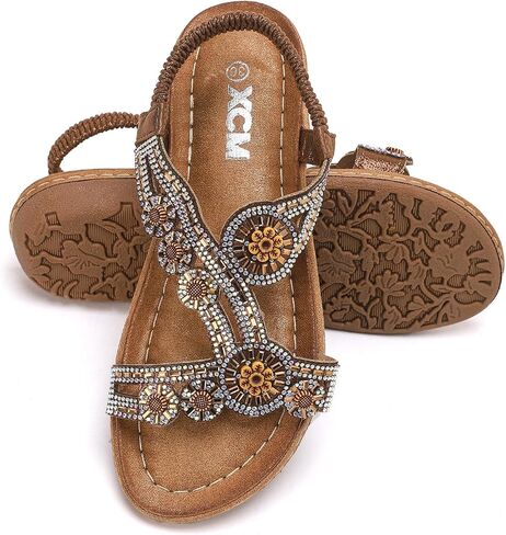 XCM Womens Bohemian Flat Sandals Rhinestone Comfortable T-Strap Summer Beach Shoes Elastic Ankle Strap Dressy Casual Beaded Thong Sandal Walking for Trevel Vacation Walking Wedding in Saudi Arabia