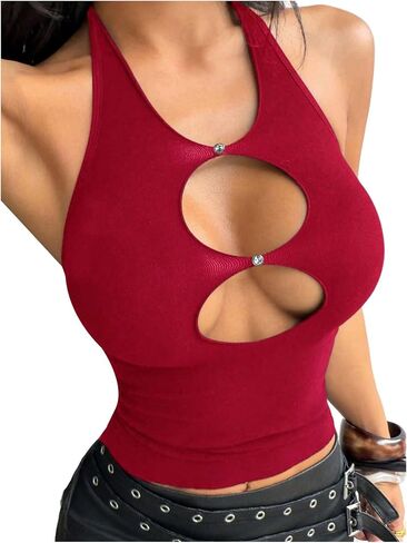 SOLY HUX Women's Hollow Out Halter Top Sleeveless Y2k Grunge Tight Crop Tank Tops in Kuwait