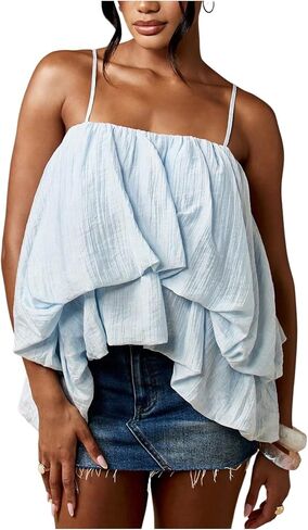 MakeMeChic Women's Bubble Hem Camisole Ruffle Layered Spaghetti Strap Cute Tops in Kuwait