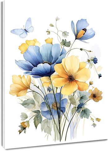 HVEST Vintage Wildflower Wall Art Blue and Yellow Flower and Leaves butterfly Abstract Painting Watercolor Plant Wall Art for Bathroom Living Room Bedroom Kitchen Decor Ready to Hang, 16Lx12W Inches in Kuwait
