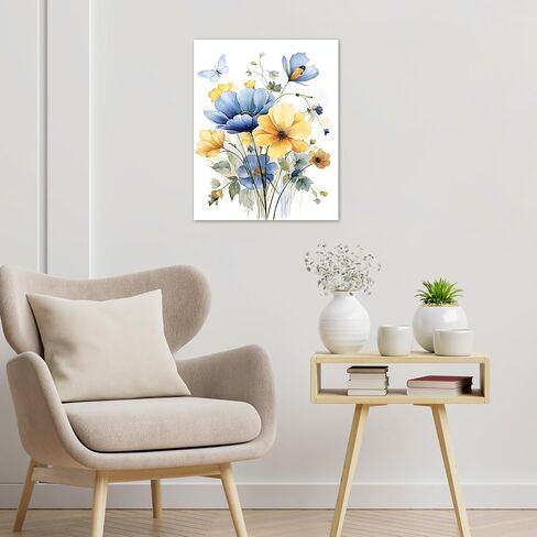 HVEST Vintage Wildflower Wall Art Blue and Yellow Flower and Leaves butterfly Abstract Painting Watercolor Plant Wall Art for Bathroom Living Room Bedroom Kitchen Decor Ready to Hang, 16Lx12W Inches in Kuwait