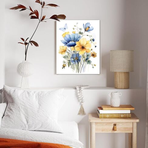 HVEST Vintage Wildflower Wall Art Blue and Yellow Flower and Leaves butterfly Abstract Painting Watercolor Plant Wall Art for Bathroom Living Room Bedroom Kitchen Decor Ready to Hang, 16Lx12W Inches in Kuwait