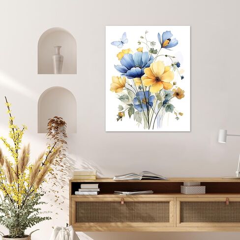 HVEST Vintage Wildflower Wall Art Blue and Yellow Flower and Leaves butterfly Abstract Painting Watercolor Plant Wall Art for Bathroom Living Room Bedroom Kitchen Decor Ready to Hang, 16Lx12W Inches in Kuwait