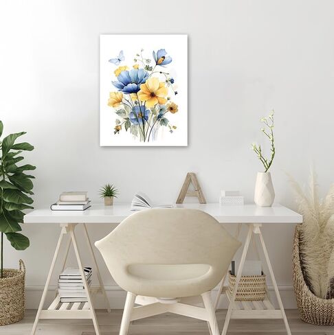 HVEST Vintage Wildflower Wall Art Blue and Yellow Flower and Leaves butterfly Abstract Painting Watercolor Plant Wall Art for Bathroom Living Room Bedroom Kitchen Decor Ready to Hang, 16Lx12W Inches in Kuwait