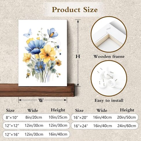 HVEST Vintage Wildflower Wall Art Blue and Yellow Flower and Leaves butterfly Abstract Painting Watercolor Plant Wall Art for Bathroom Living Room Bedroom Kitchen Decor Ready to Hang, 16Lx12W Inches in Kuwait
