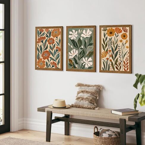Urmoya 3 Pieces Flower Market Canvas Wall Art, Green Beige Abstract Boho Floral Wall Decor, Minimalist Colorful Botanica Art Prints for Living Room Bedroom 12x16 Inch Wood framed Easy to hang in Kuwait