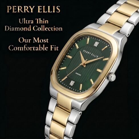 Perry Ellis Ultra Slim Men’s Watch – Cushion 40mm Case, Hydraulic Press Center Dial with Sunray Finish, Two 0.9mm Diamond Accents, Alloy Bracelet in Kuwait