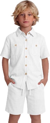 Boy's 2 Pieces Linen Outfit Summer Kid Beach Vacation Sets Short Sleeve Button Down Shirt and Shorts Pockets 5-14Y in Kuwait