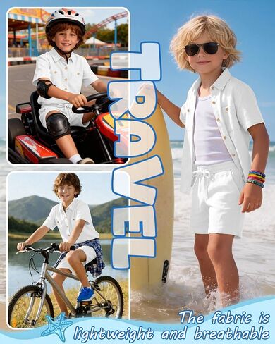 Boy's 2 Pieces Linen Outfit Summer Kid Beach Vacation Sets Short Sleeve Button Down Shirt and Shorts Pockets 5-14Y in Kuwait