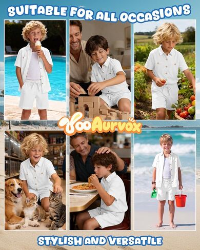 Boy's 2 Pieces Linen Outfit Summer Kid Beach Vacation Sets Short Sleeve Button Down Shirt and Shorts Pockets 5-14Y in Kuwait