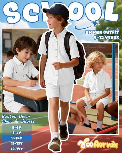 Boy's 2 Pieces Linen Outfit Summer Kid Beach Vacation Sets Short Sleeve Button Down Shirt and Shorts Pockets 5-14Y in Kuwait