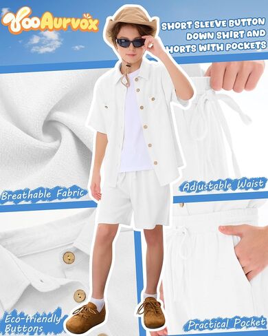 Boy's 2 Pieces Linen Outfit Summer Kid Beach Vacation Sets Short Sleeve Button Down Shirt and Shorts Pockets 5-14Y in Kuwait