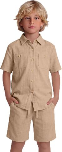 Boy's 2 Pieces Linen Outfit Summer Kid Beach Vacation Sets Short Sleeve Button Down Shirt and Shorts Pockets 5-14Y in Kuwait