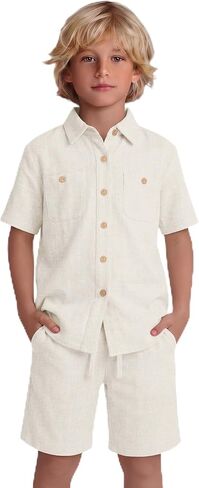 Boy's 2 Pieces Linen Outfit Summer Kid Beach Vacation Sets Short Sleeve Button Down Shirt and Shorts Pockets 5-14Y in Kuwait