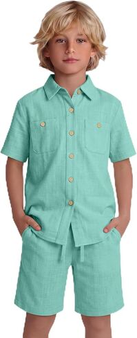 Boy's 2 Pieces Linen Outfit Summer Kid Beach Vacation Sets Short Sleeve Button Down Shirt and Shorts Pockets 5-14Y in Kuwait