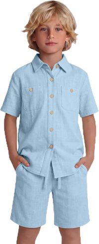 Boy's 2 Pieces Linen Outfit Summer Kid Beach Vacation Sets Short Sleeve Button Down Shirt and Shorts Pockets 5-14Y in Kuwait
