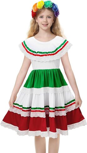 Zando Mexican Dress for Girls 3-12Y - Cinco de Mayo Girls Mexican Dress Flamenco Dance Kids in Kuwait