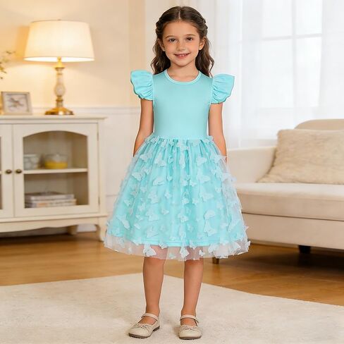 Girls Spring and Summer Flutter Sleeves Knee-Length Dress Kids Solid-Color Butterfly Mesh Dress Birthday Party Cloths in Kuwait