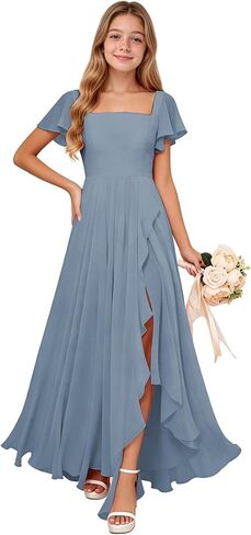 Square Neck Junior Bridesmaid Dresses with Sleeves Chiffon Flower Girl Dress Wedding Formal Pageant Party Gown in Saudi Arabia