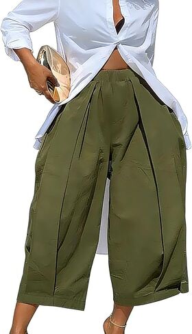 Women High Waisted Pants Wide Leg Cropped Palazzo Pants Baggy Fit Casual Trousers Pockets Elastic Waist in Kuwait