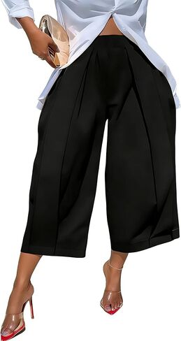 Women High Waisted Pants Wide Leg Cropped Palazzo Pants Baggy Fit Casual Trousers Pockets Elastic Waist in Kuwait