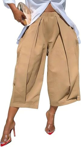 Women High Waisted Pants Wide Leg Cropped Palazzo Pants Baggy Fit Casual Trousers Pockets Elastic Waist in Kuwait