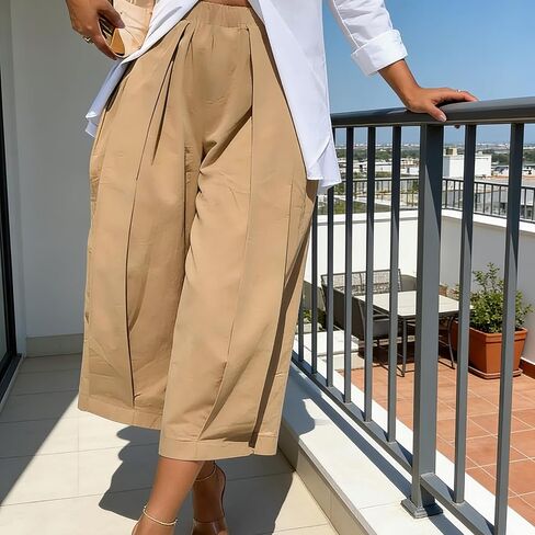 Women High Waisted Pants Wide Leg Cropped Palazzo Pants Baggy Fit Casual Trousers Pockets Elastic Waist in Kuwait